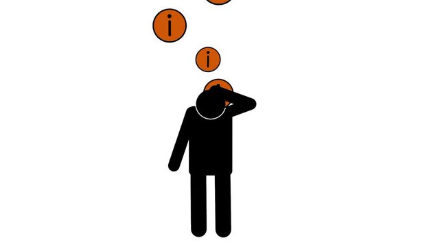 Stressed person icon receiving excessive data into head. Information overload concept showing mental pressure and difficulty processing large amounts of data
