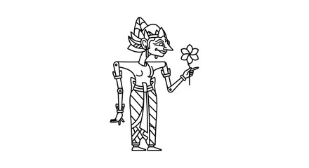 Fototapeta premium Traditional Indonesian Wayang Kulit Puppet Character Holding a Flower