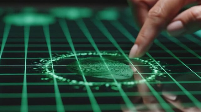 A person finger touches a digital screen, activating a fingerprint scanner for security and identification purposes. This technology provides secure