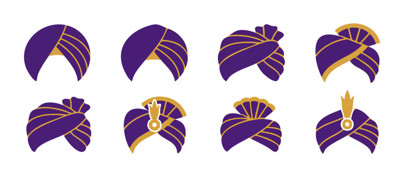 Indian Turban Icons Set, Traditional Pagri Headgear for Men, Cultural Royal Ethnic Headwear Designs in Purple and Gold Colors for Wedding Celebration and Festival Decoration, Vector Graphic Collection