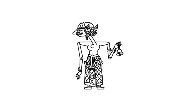 Traditional Indonesian Wayang Kulit Shadow Puppet Character, Hand-Drawn Line Art