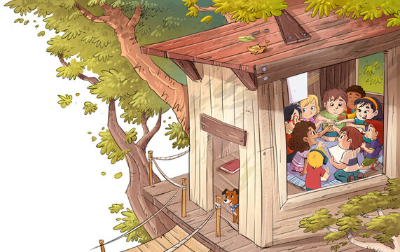Group of children playing together in a tree house