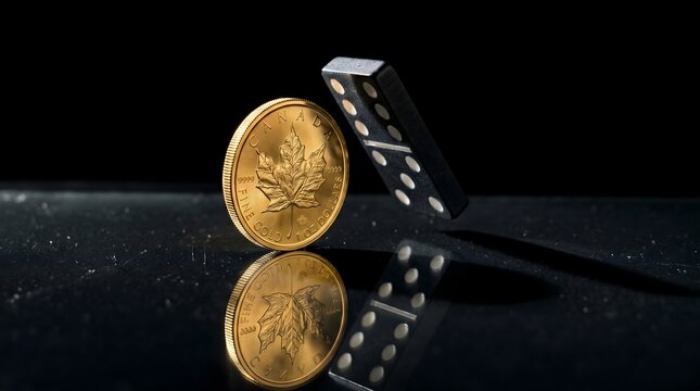 Koin Emas Canada Fine Gold Berdiri Tegak dengan Domino yang Jatuh