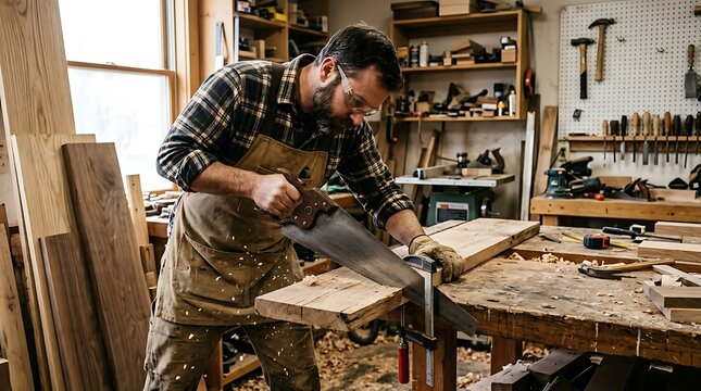 Male Woodworker Using Handsaw in Workshop with Wooden Boards and Tools