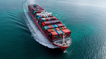 Fototapeta premium Shipping container vessel navigating calm waters ocean aerial view maritime industry concept