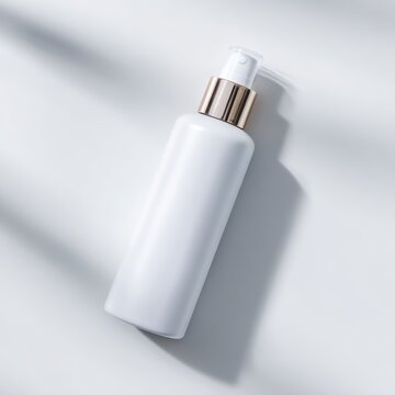 Minimal white background with single skincare bottle centered, soft shadow, commercial stock photography, high CTR advertising style