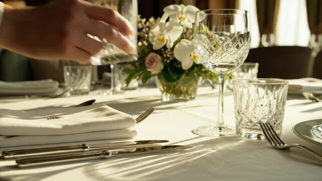 Elegant table with crystal glasses, cutlery, napkins; hand arranging; floral centerpiece in bright setting