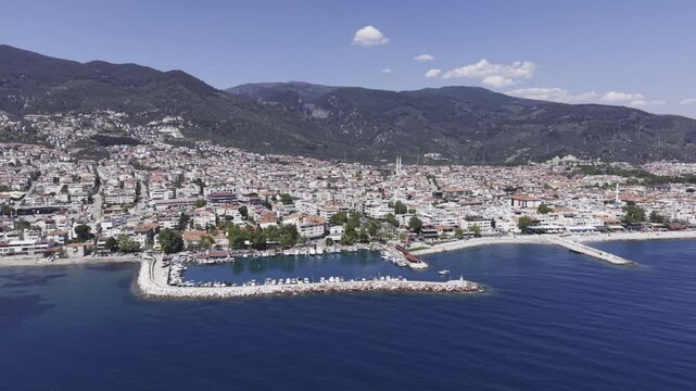 Aerial Drone View of Altinoluk Coast in Balikesir, Aegean Sea and Kaz Mountains Landscape Turkey