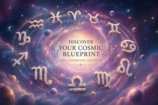 A graphic promoting astrology with celestial symbols and text encouraging users to explore their cosmic blueprint.