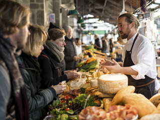 Obraz premium Chef Engages Customers at a Bustling Artisan Food Market Stall During a Food Tour