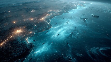 Naklejka premium Oceanic nightscape east coast aerial view underwater light display serene environment nature concept