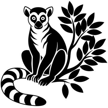 A sleek black and white vector illustration of a ring-tailed lemur sitting on a branch with foliage in a minimalist and stylized design.
