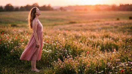 Obraz premium Woman standing in wildflower field at sunset practicing mindfulness and wellness