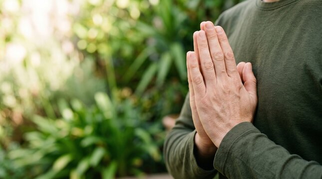 Man with hands in prayer gesture practicing mindfulness in a lush garden.