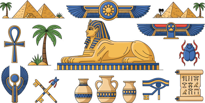 Ancient Egyptian Icon Set Featuring Pyramids, Sphinx, Ankh, Scarab, and Hieroglyphs for Historical, Cultural, and Archaeological Designs