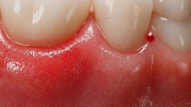 Close up of red inflamed gum with gingivitis showing inflammation bleeding and redness tooth and gum highlighting oral health dental issues close up of inflamed gum tissue with detailed texture