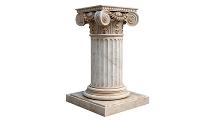Historic Greek column stands on a square base with ornate details and spiral scrolls isolated on transparent background cut out © Ivan