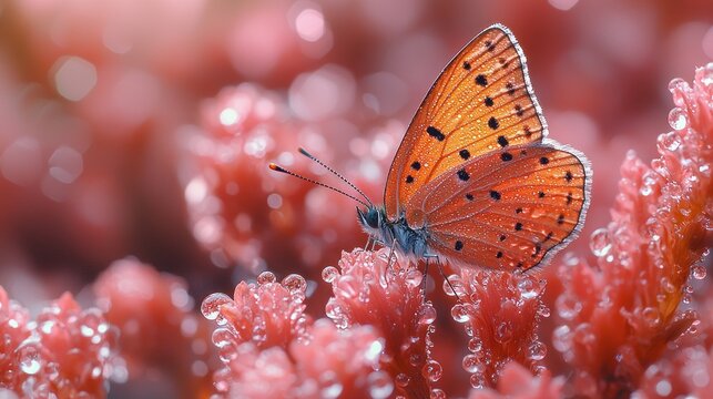 Copper Butterfly Resting on Dew-Kissed Coral Flowers, Dreamy Bokeh Background