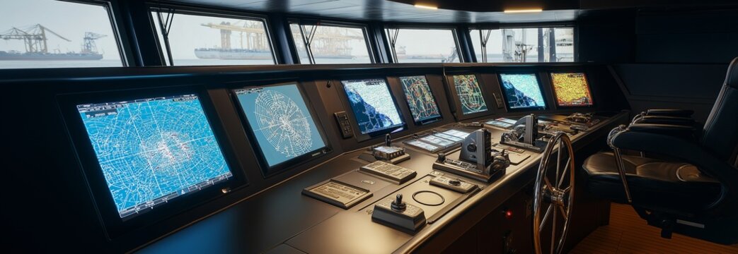 A contemporary ship bridge exhibiting maritime navigation and a ship control simulation system with multiple-monitor 
