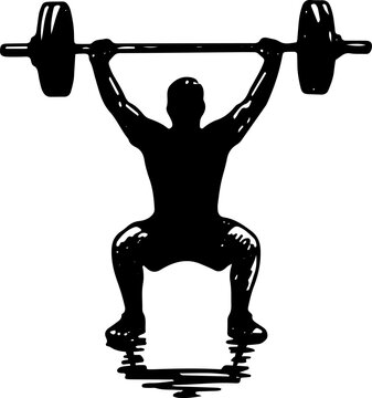 Black and White Weightlifter Squat Vector Illustration, Man Lifting Heavy Barbell Overhead Squat Silhouette Isolated