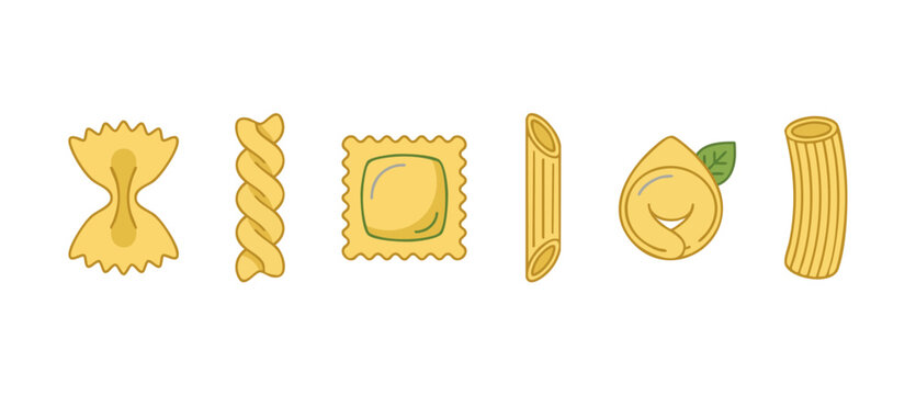 Pasta shapes set vector icons for Italian food menu design, including farfalle, fusilli, ravioli, penne, tortellini, and rigatoni, isolated flat illustration collection for culinary cooking concepts.