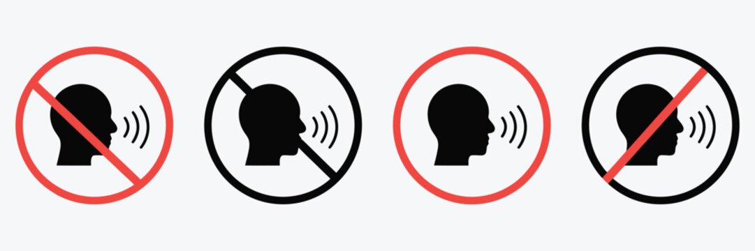 No talking icon, silent zone warning graphics, mouth prohibition symbols, quiet area concept, vector illustration