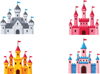 Fototapeta premium Castle Icon Set Featuring Various Colorful Designs and Flags for Fairytale, Fantasy, and Children's Designs