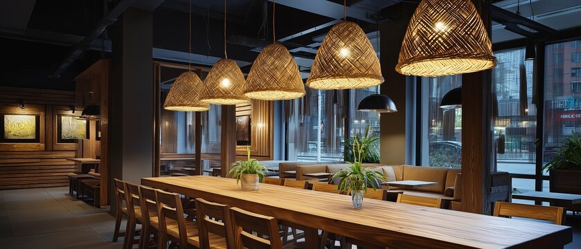 A long wooden table in a contemporary caf&eacute; at night with wicker pendant lights