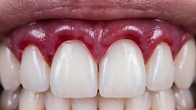 Gingivitis inflammation causes redness and swelling of gums around healthy white teeth in close up oral cavity showing dental health and hygiene issues with swollen gum disease signs