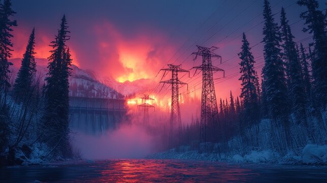 Electric Power Lines at Snowy Dam Landscape with Fiery Sunset and River Reflection