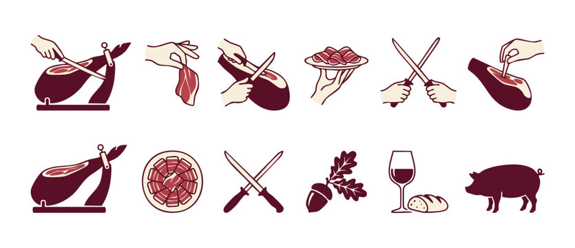 Iberico Ham Slicing Icons Set, Traditional Spanish Jamon Cutting Process and Serving Symbols, Gourmet Cured Meat Vectors for Restaurant Menus, Tapas Food Design Elements, Pig and Acorn Illustration