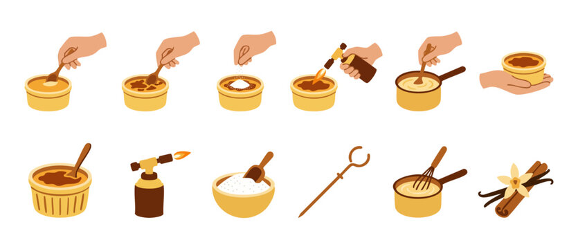 Creme Brulee cooking process steps flat icon set, caramelizing sugar with kitchen torch, custard dessert preparation guide, chef hands with wooden spoon and whisk, vanilla and cinnamon ingredients vec