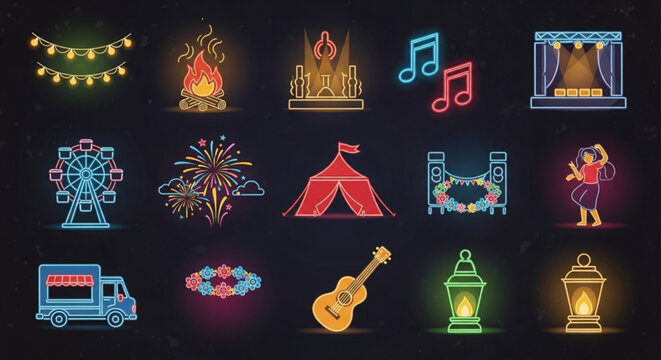 Collection of neon festival and event icons including Ferris wheel stage and food truck perfect for celebration and entertainment design