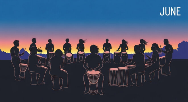 Group of people playing drums in a circle at sunset rhythmic music and community gathering concept vector illustration with JUNE text