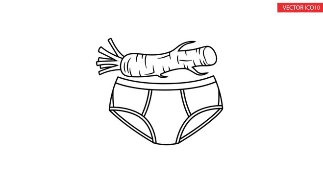 Funny underwear with horseradish root, unusual humor, absurd concept, black and white line art