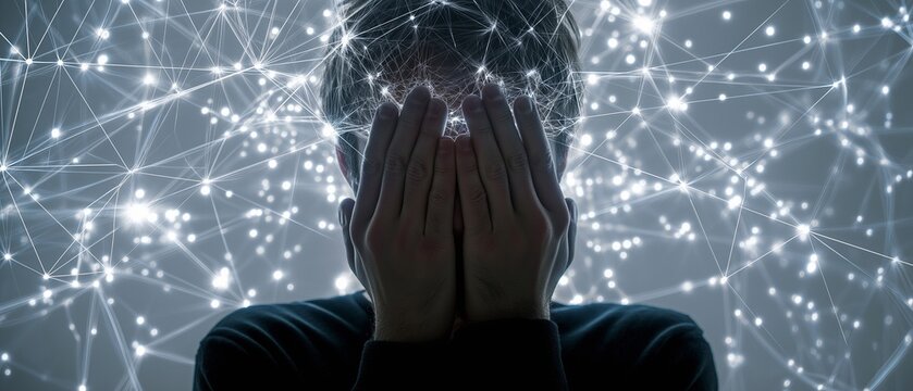 Amidst a dazzling computer network, an overwhelmed guy covered his face with his hands. Conceptual representation of cyber stress and information overload