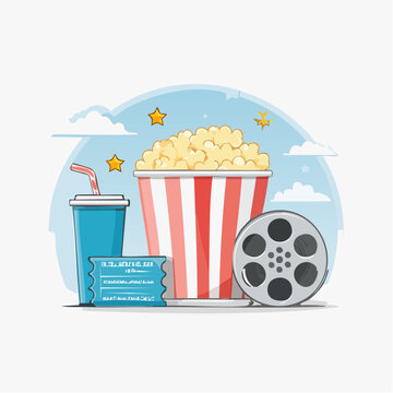 Cinema Movie Night Essentials: Popcorn, Drink, Ticket, and Film Reel
