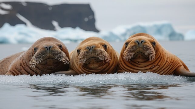 Trio of Walruses Resting on Ice Floe, Arctic Wildlife Portrait