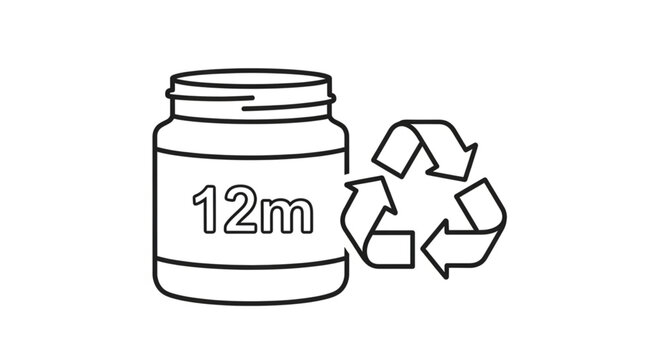 Recycling symbol next to a jar with 12m label.