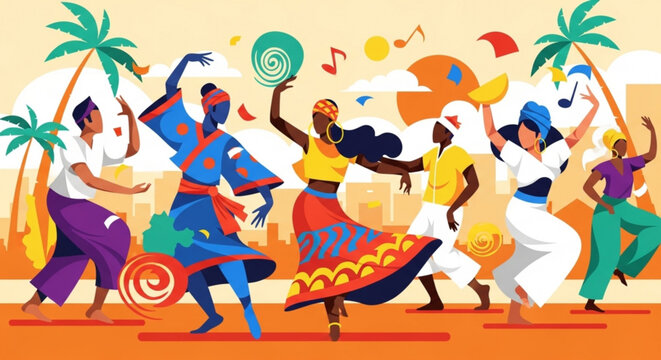 Diverse group of people dancing joyfully in colorful traditional clothing celebrating culture and community with palm trees and music notes vibrant illustration for festivals and events