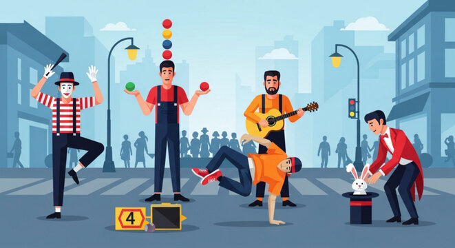 Street performers including a mime juggler guitarist breakdancer and magician entertaining a crowd in a city square flat vector illustration for entertainment concepts