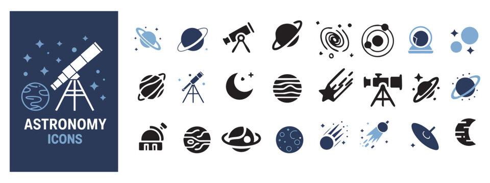 A wide collection of celestial icons related to space and astronomy.