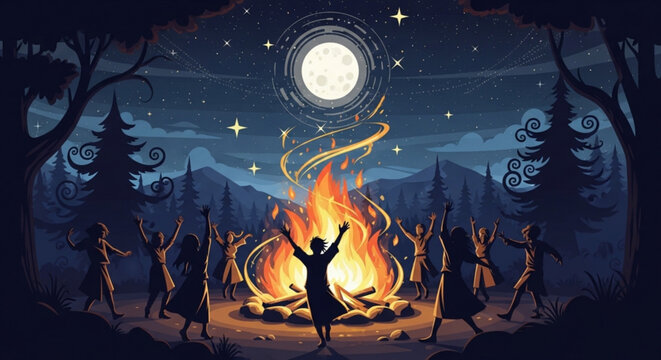 People dancing around a bonfire under a full moon celebrating nature and community with magical energy illustration for fantasy and spiritual themes
