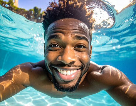 Joven afro buceando sonriente bajo el agua con gafas azules en piscina cristalina, concepto de vacaciones de verano, diversi&oacute;n acu&aacute;tica, energ&iacute;a y estilo de vida saludable