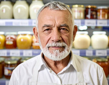 Hombre trabajador de supermercado de barrio entre botes de comestibles con expresi&oacute;n amable, concepto de atenci&oacute;n al cliente, comercio local, confianza y valores humanos