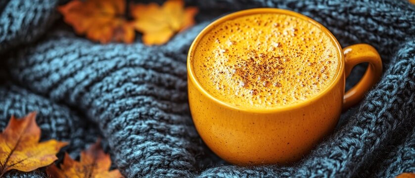 Cozy Autumn: Golden Latte in Yellow Mug with Knitted Blanket and Fall Leaves