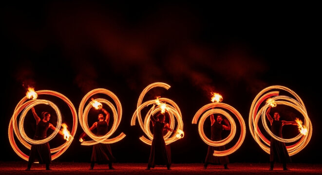 Five performers creating circular fire trails with flaming poi a spectacular night show for entertainment and events dark background