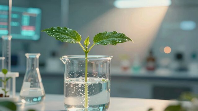 Plant Growth in Laboratory Beaker for Biotechnology Research