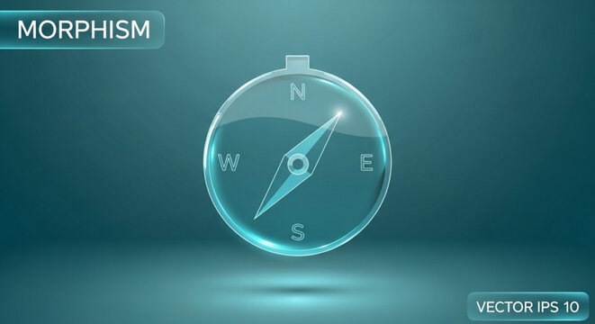 Glass neumorphism compass icon transparent navigation tool with directional arrows for travel and exploration isolated on a teal gradient background