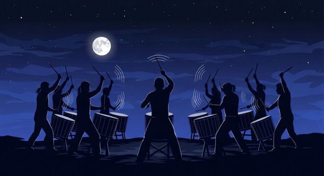 Silhouette of a drum circle performing under a full moon at night a rhythmic musical ensemble creating energy and unity suitable for cultural events and celebrations
